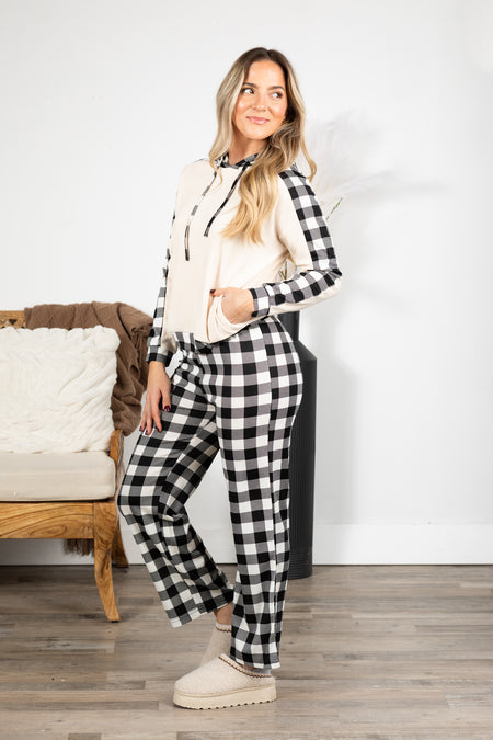 Beige And Black Checker Plaid Pajama Set