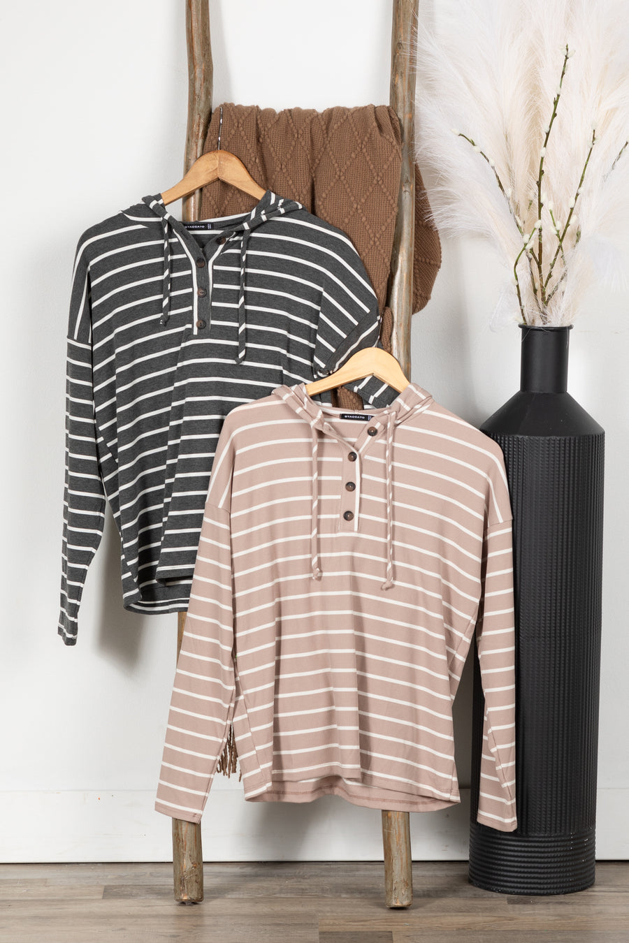 Striped Drawstring Half Button Hoodie Knit Top