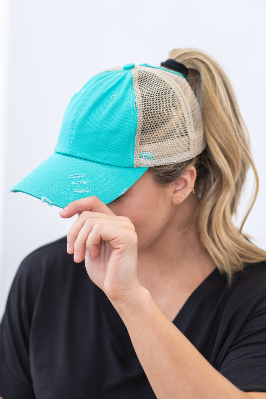 Turquoise Messy Bun Ponytail Hat