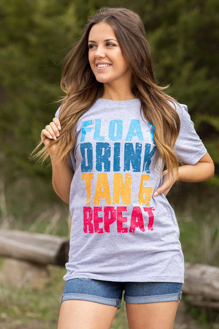 Grey Float Drink Tan Repeat Graphic Tee - Filly Flair