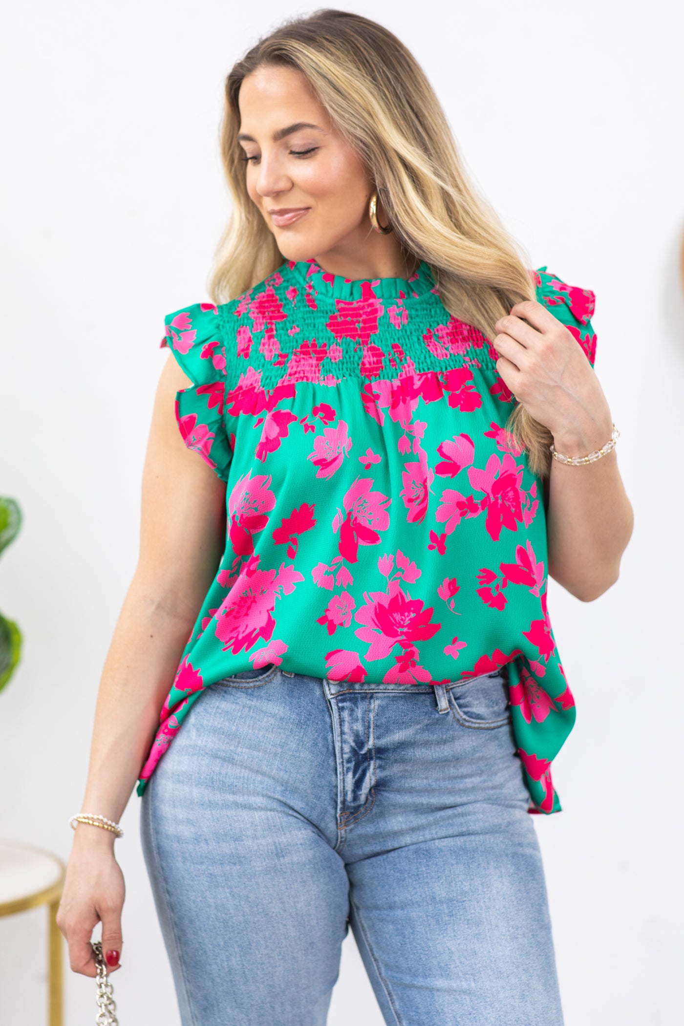 Jade And Pink Floral Shirred Yoke Woven Top