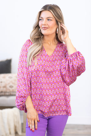 Pink Geometric Print V-Neck Long Sleeve Top