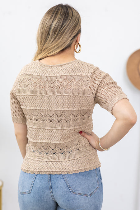 Tan And Gold Lurex Sweater Knit Top