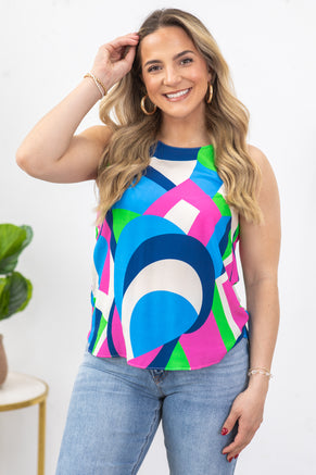 Blue Multicolor Geo Print Woven Top