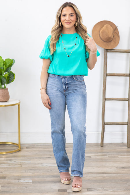 Turquoise Pleated Bubble Sleeve Woven Top