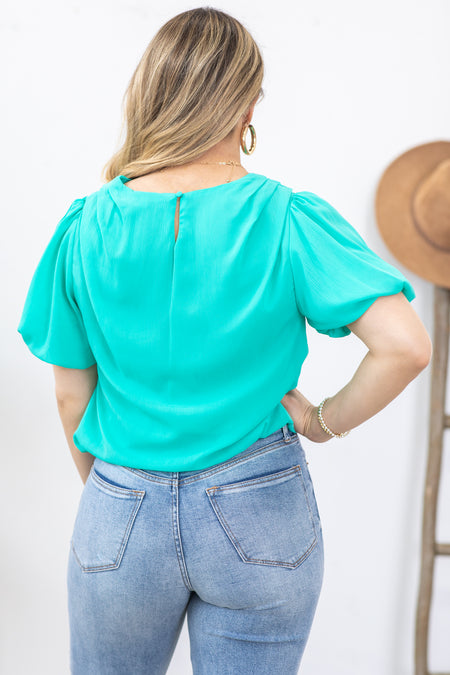 Turquoise Pleated Bubble Sleeve Woven Top