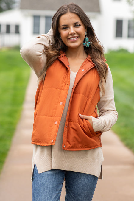 Burnt Orange Snap Front Vest With Sweater Back