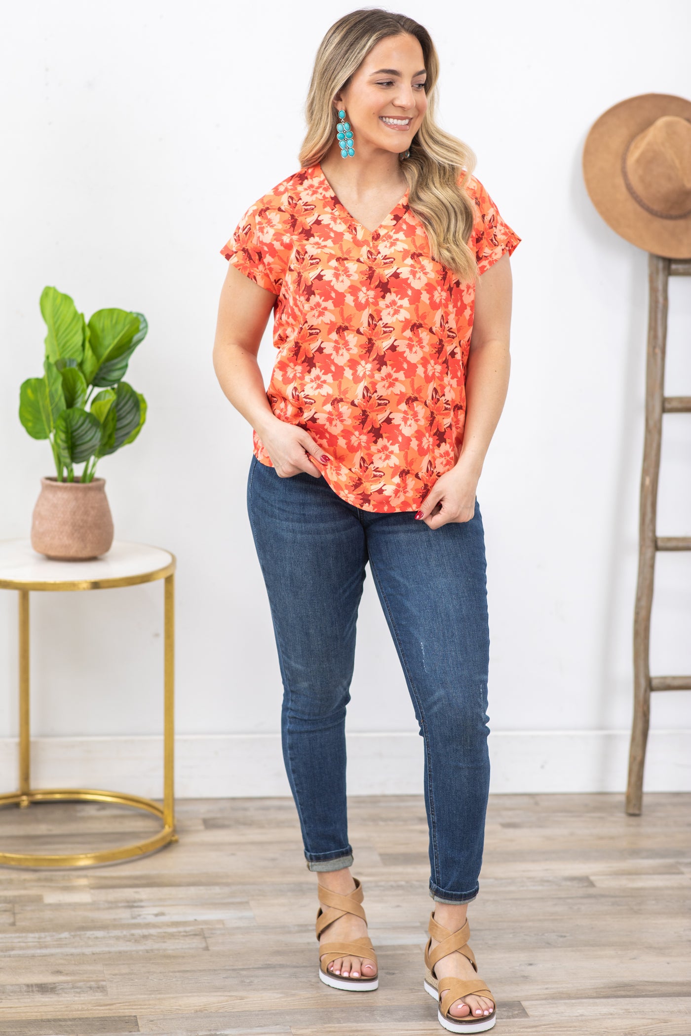 Orange Floral Print Dolman Sleeves Woven Top