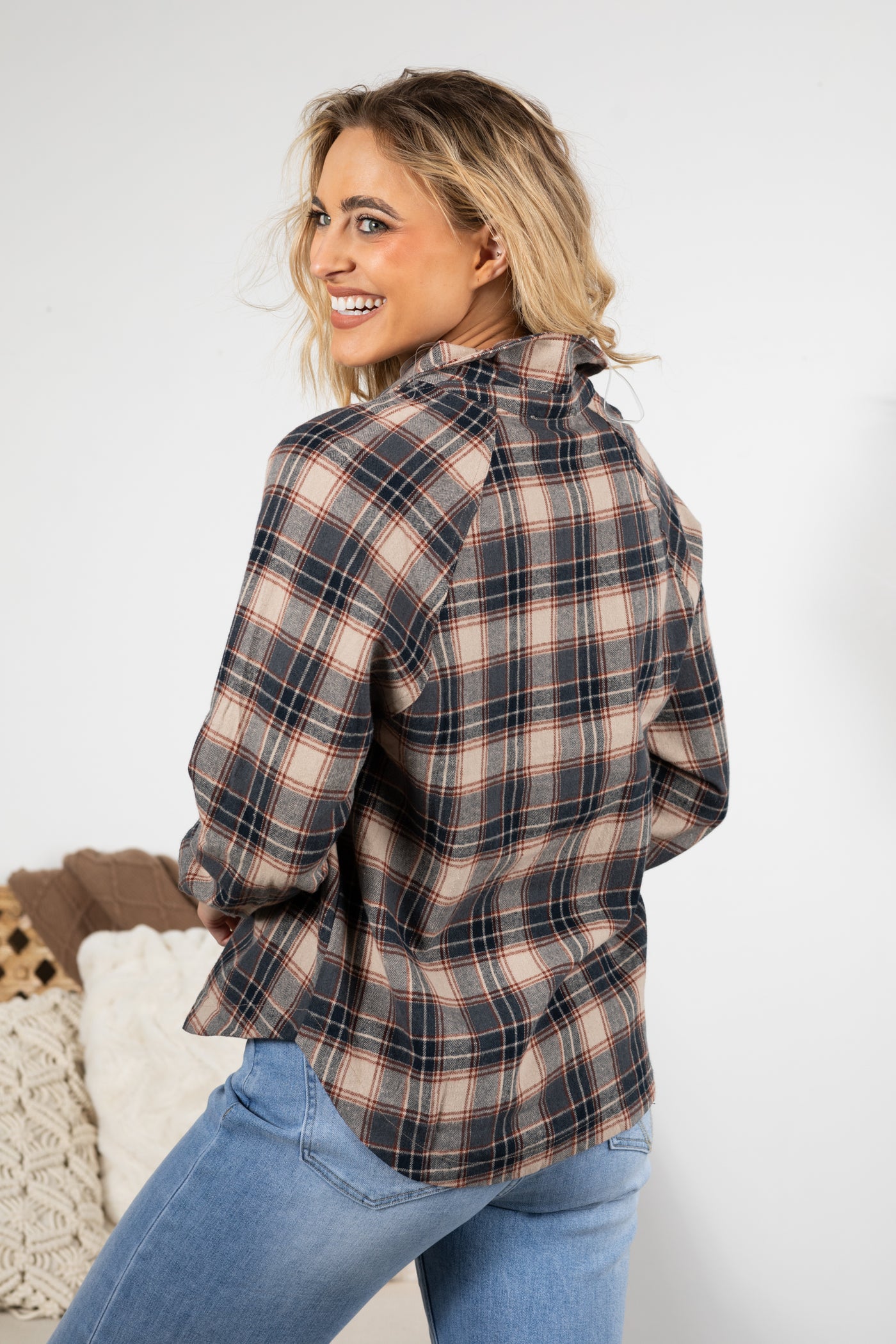 Charcoal Plaid Button Down Woven Top