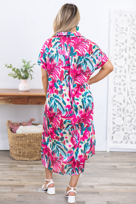 Fuchsia Tropical Print Button Down Shirt Dress