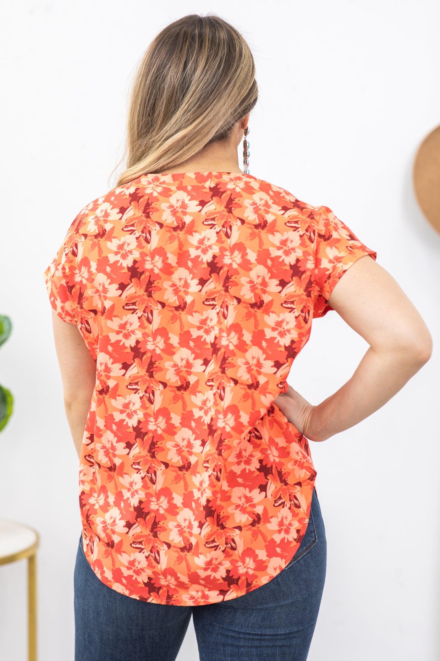 Orange Floral Print Dolman Sleeves Woven Top