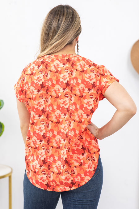 Orange Floral Print Dolman Sleeves Woven Top