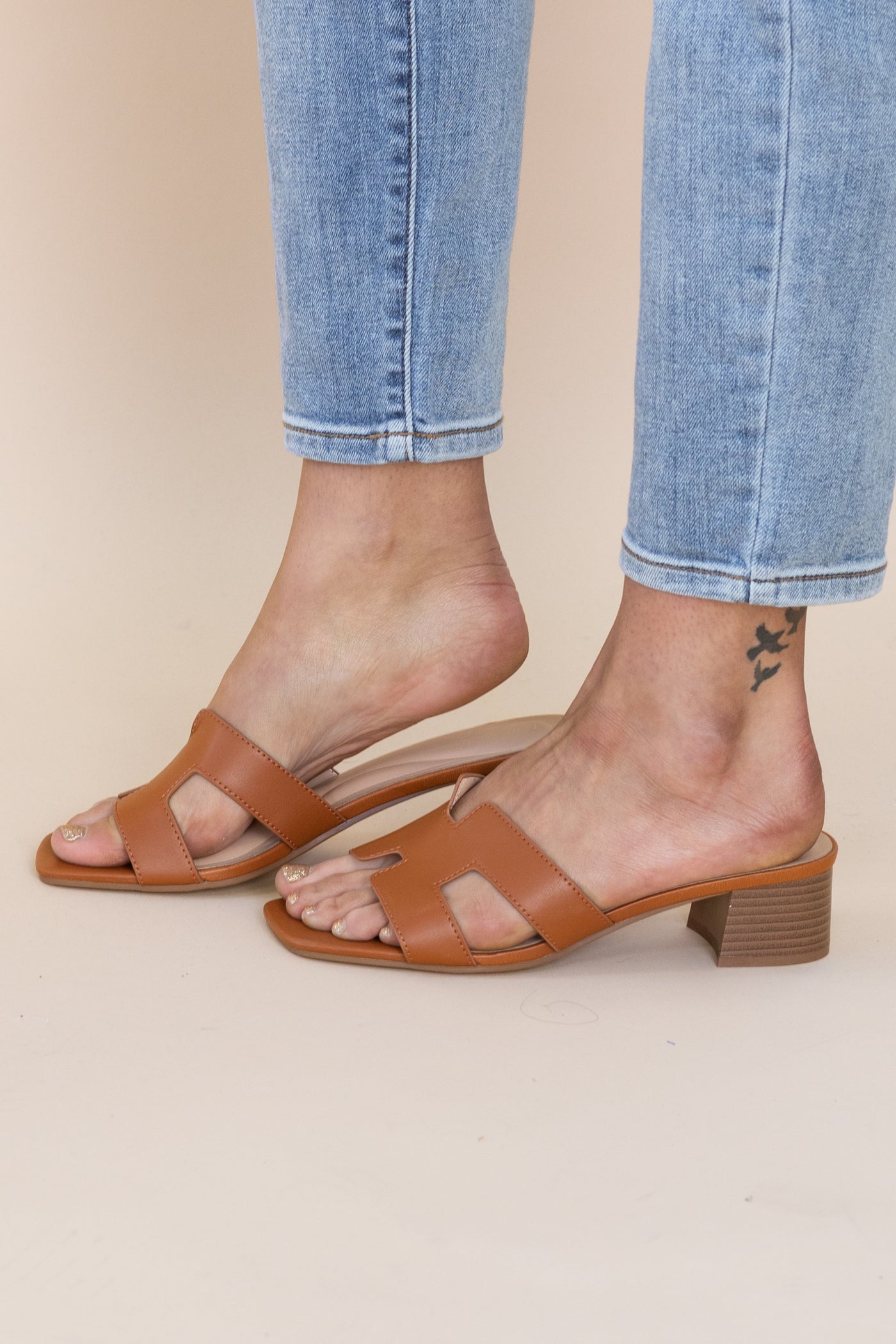 Low Block Heel H Cut Strap Mules