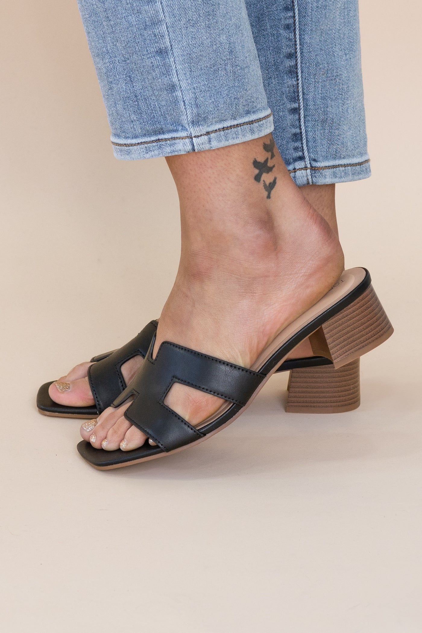 Low Block Heel H Cut Strap Mules