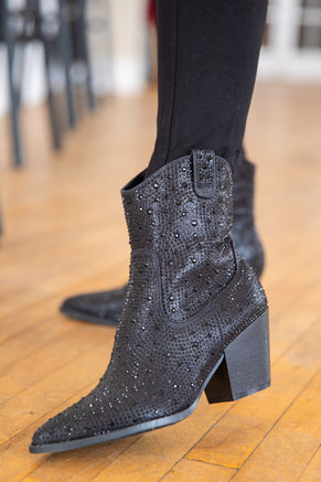 Black Point Toe Booties With Rhinestones