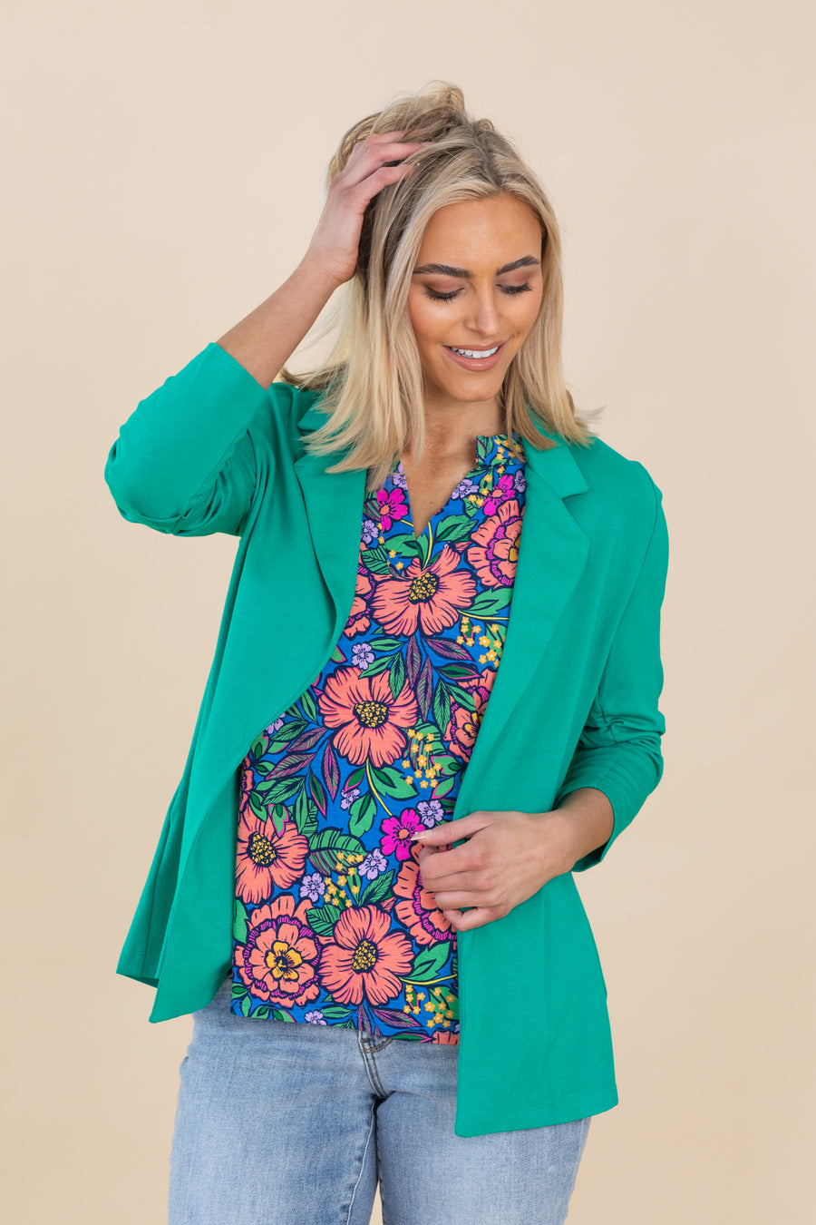 Royal Blue Floral V-Neck Wrinkle Free Top