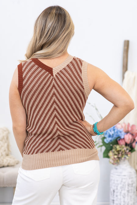 Tan Contrast Chevron V-Neck Knit Top