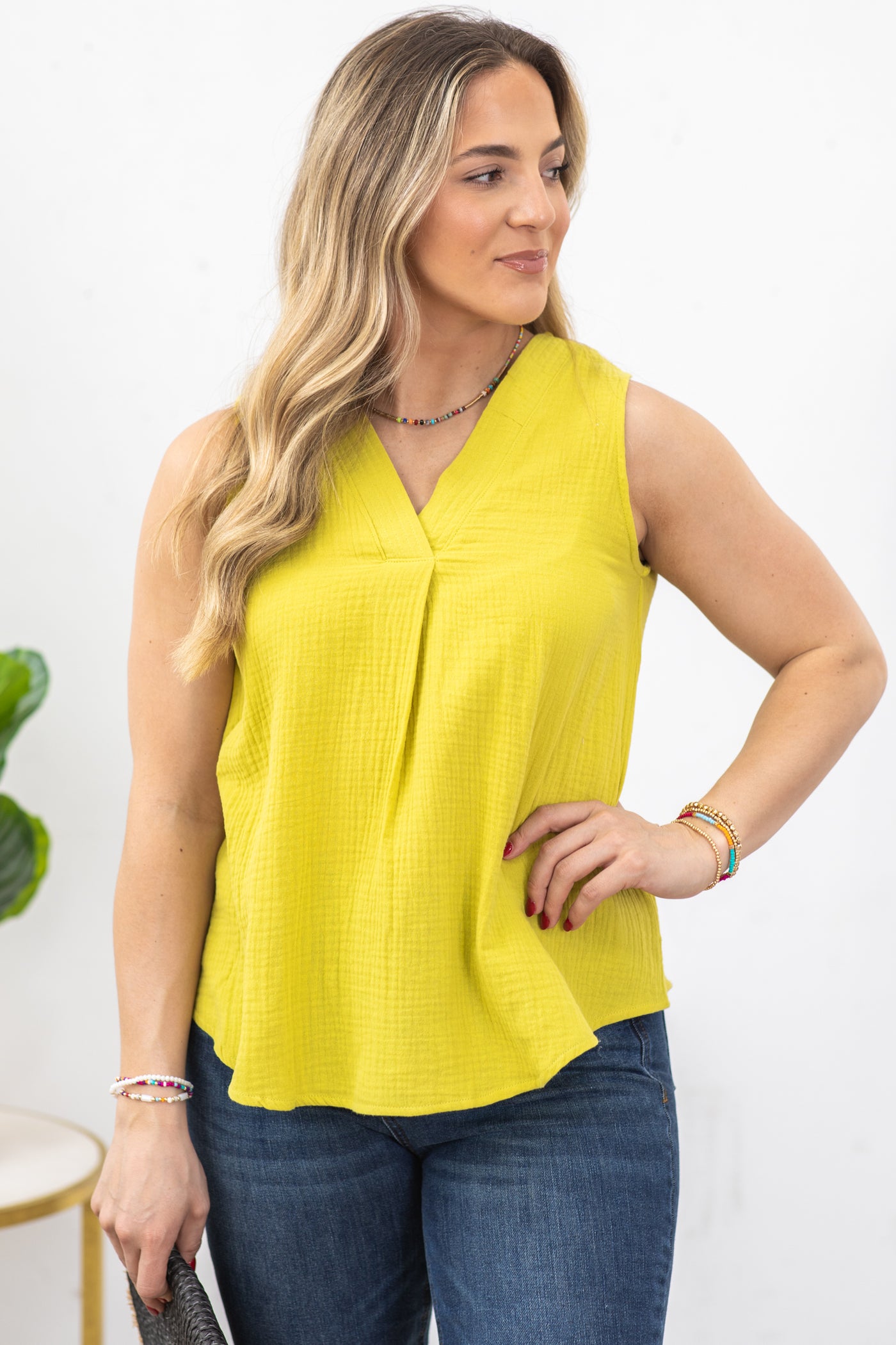 Light Olive Pleated Front V-Neck Woven Tank