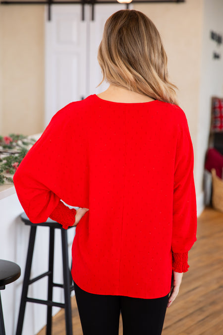 Red Smocked Cuff Top With Lurex