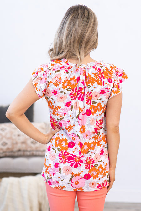 Burnt Orange and Pink Floral Print Top