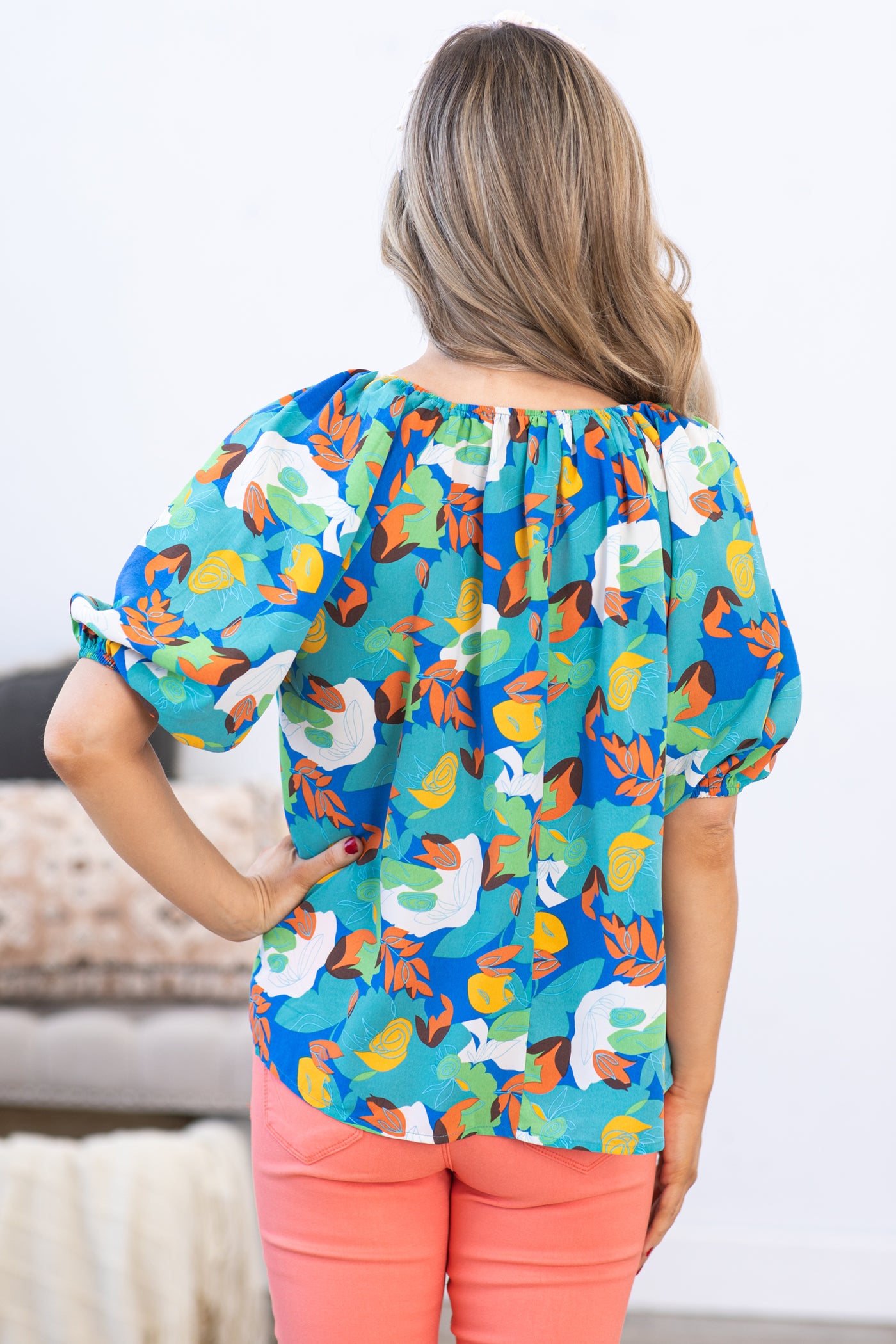 Turquoise Multicolor Abstract Floral Top