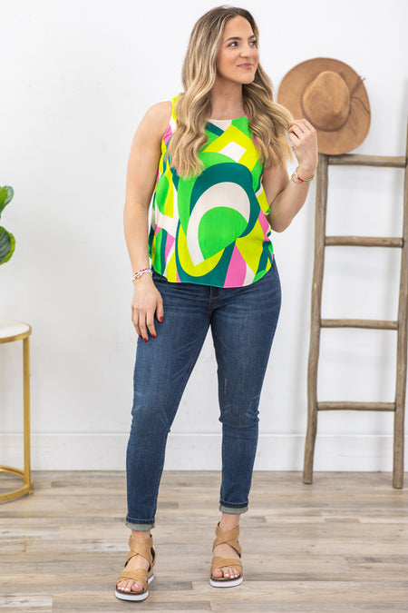 Green Multicolor Geo Print Woven Top