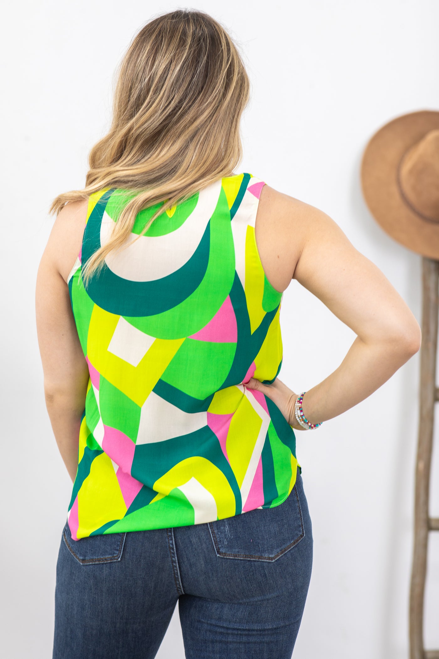 Green Multicolor Geo Print Woven Top