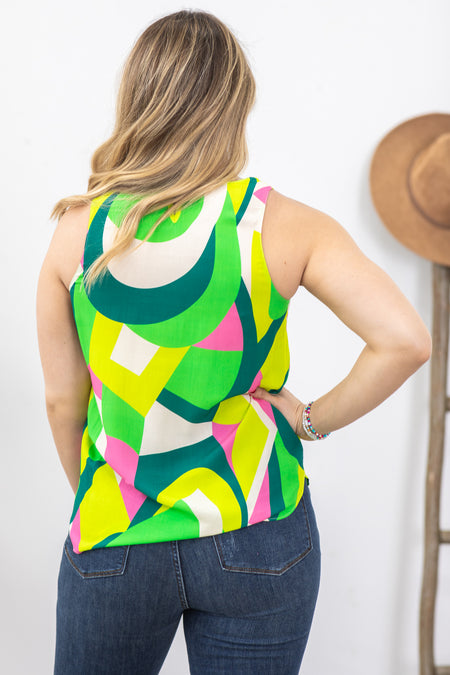 Green Multicolor Geo Print Woven Top