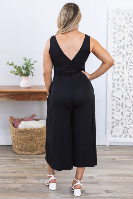 Black Surplice Neckline Sleeveless Jumpsuit