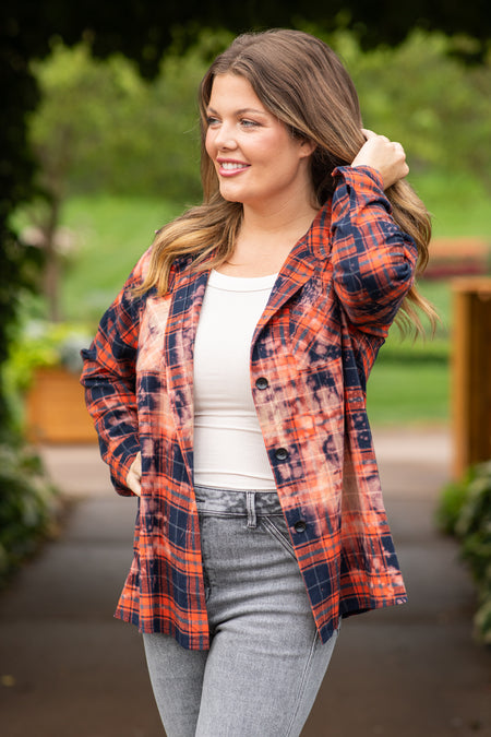 Navy and Orange Washed Plaid Button Up Top