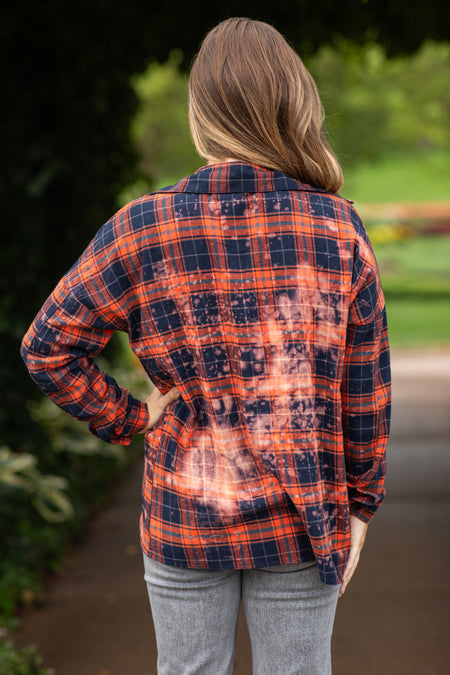 Navy and Orange Washed Plaid Button Up Top