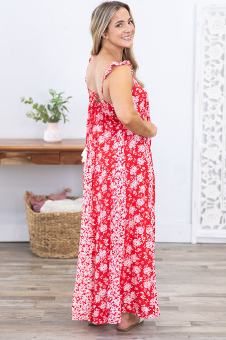 Red Floral Maxi Dress With Criss Cross Back