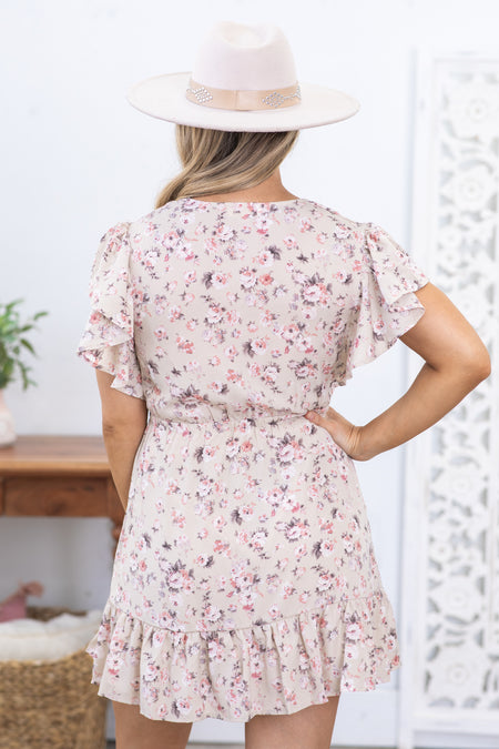 Beige Floral Print Frill Short Sleeve Dress