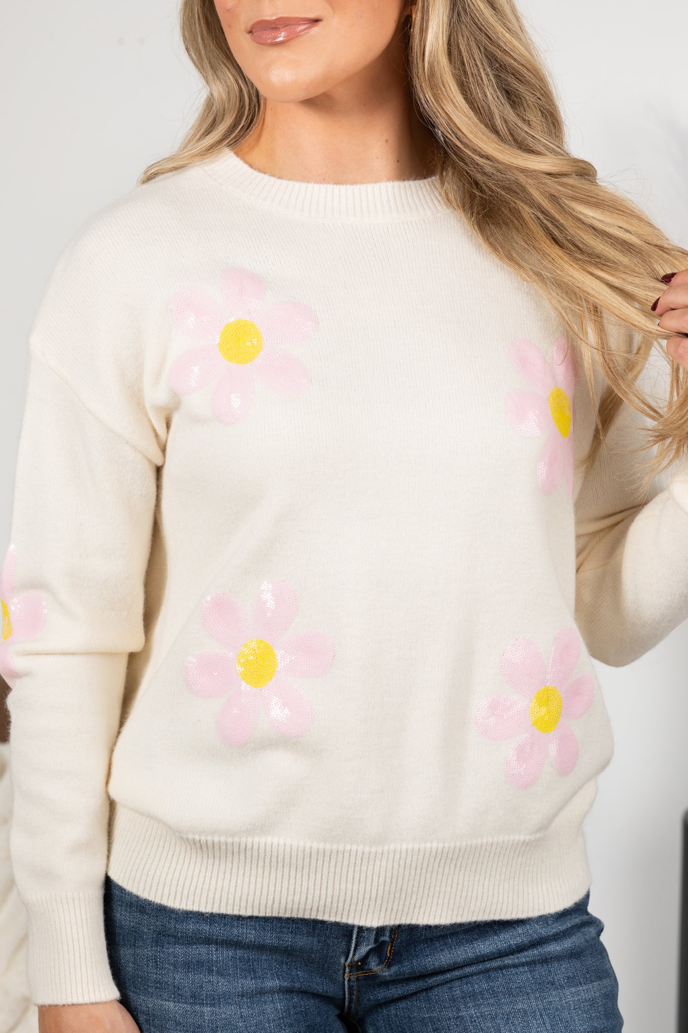 Knit Sweater With Sequin Flowers