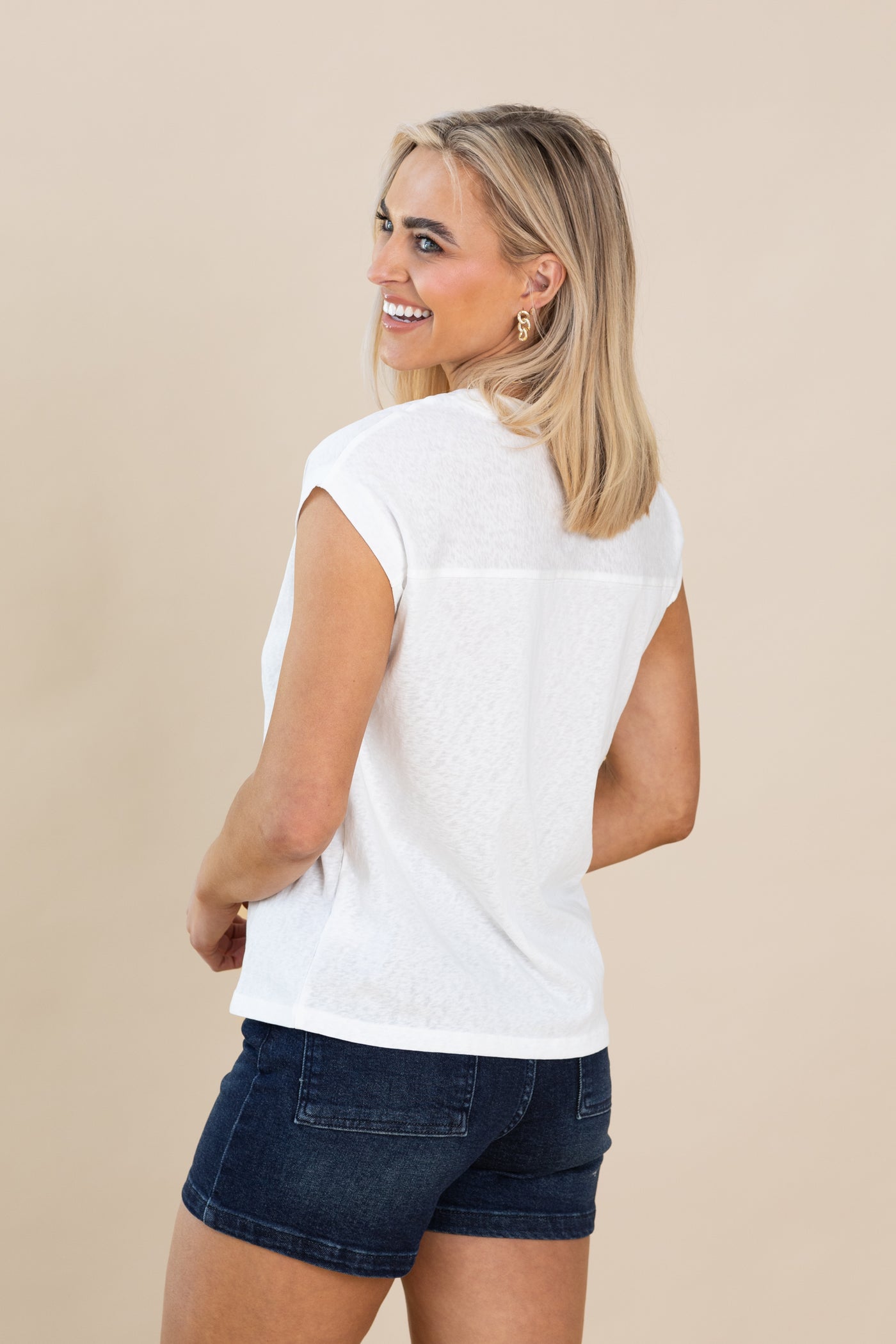 V-Neck Cap Sleeve Solid Linen Knit Top