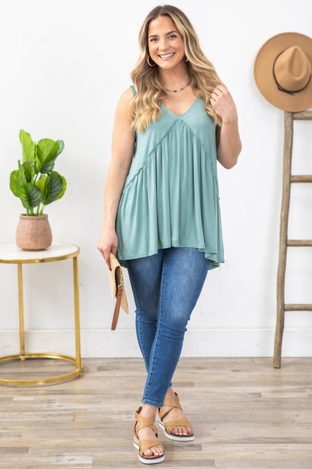 Dusty Teal Raw Edge Ruffle Detail Knit Top