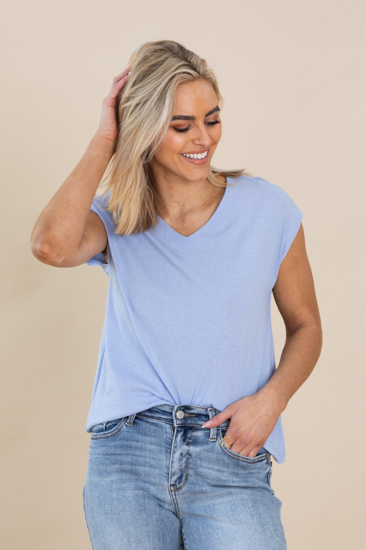 V-Neck Cap Sleeve Solid Linen Feel Top