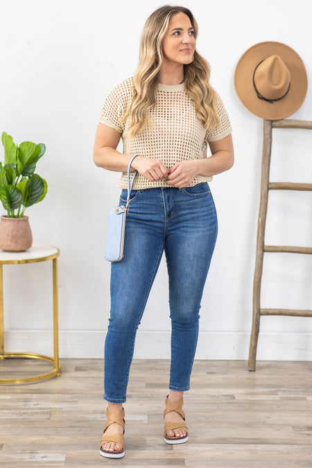 Beige Open Weave Crochet Short Sleeve Knit Top