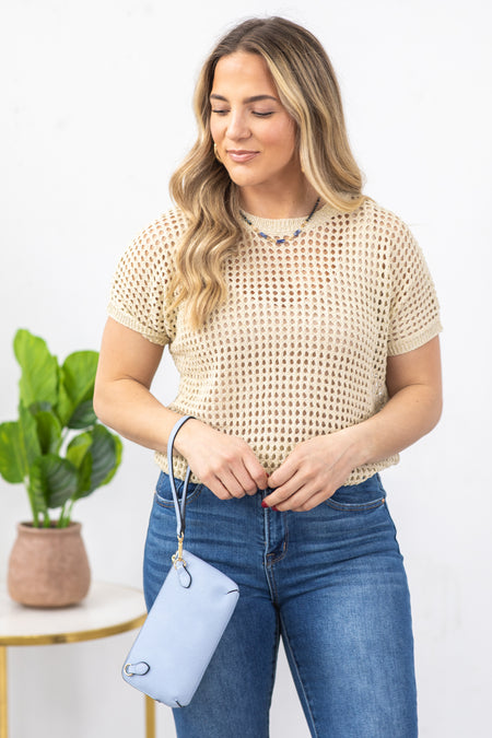 Beige Open Weave Crochet Short Sleeve Knit Top