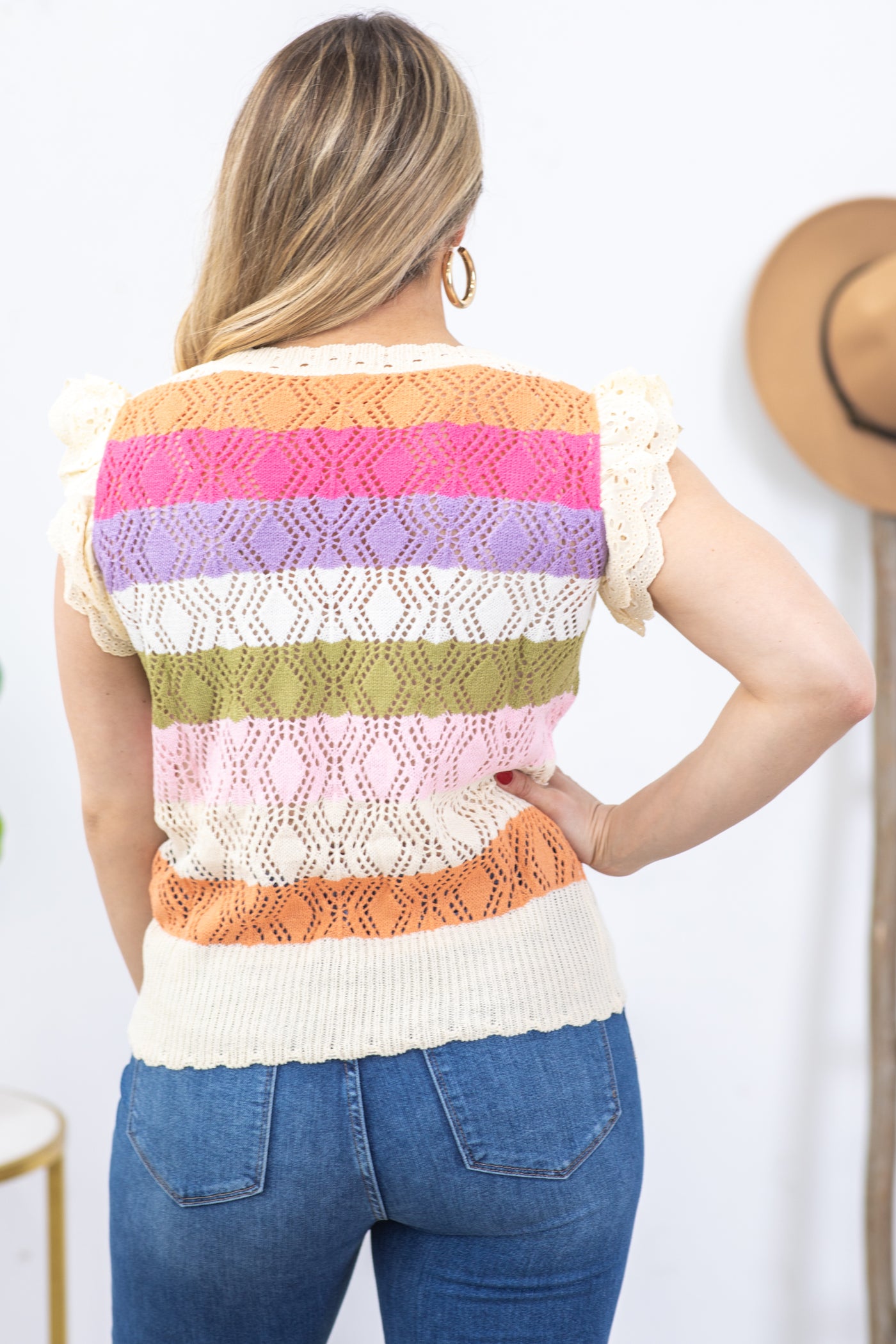 Beige Pointelle Multicolor Striped Knit Top