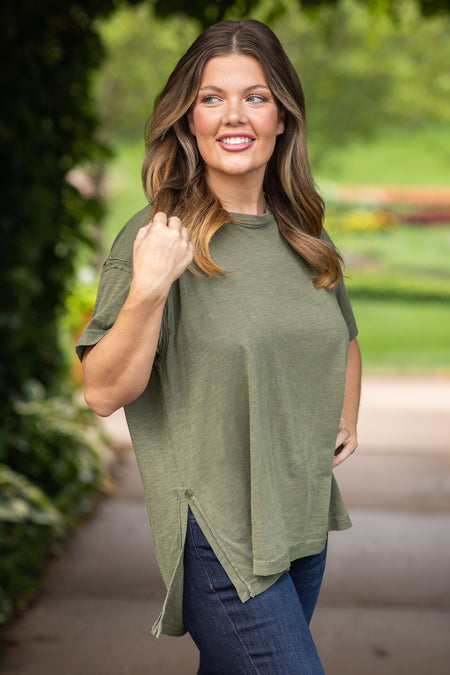 Army Green Washed Top With Side Slits