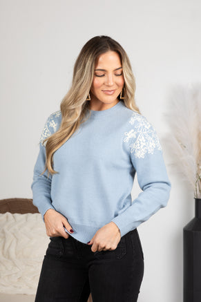 Dusty Blue Embroidered Flowers Knit Sweater