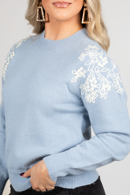 Dusty Blue Embroidered Flowers Knit Sweater