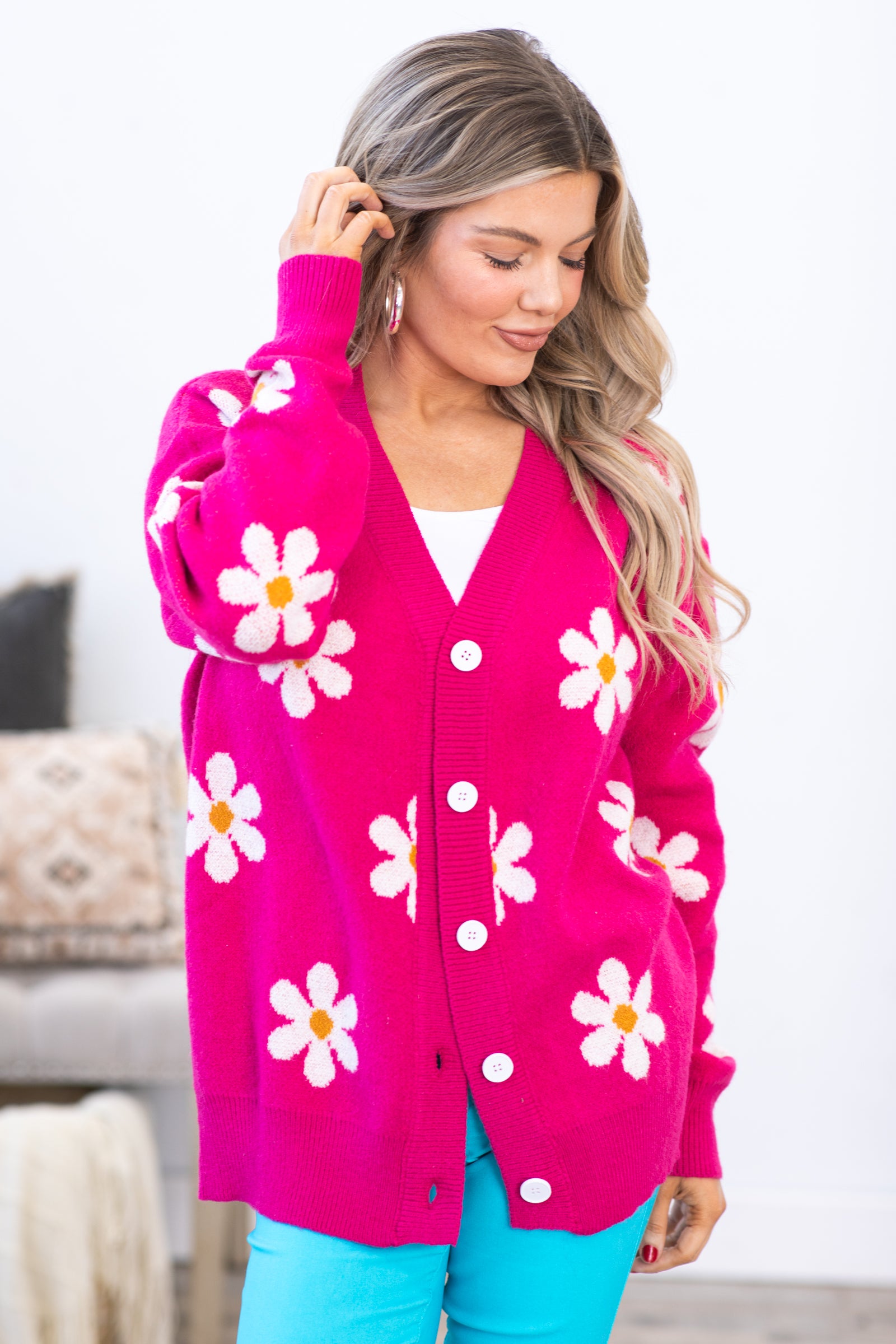 Hot Pink Daisy Floral Button Down Cardigan Filly Flair