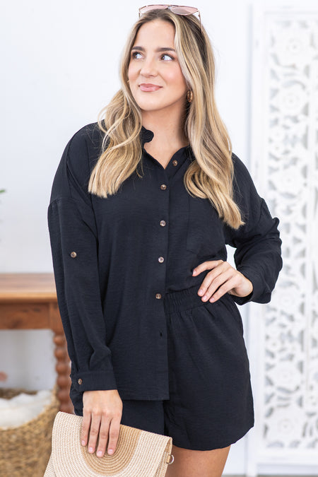 Black Button Down Shirt And Shorts Set