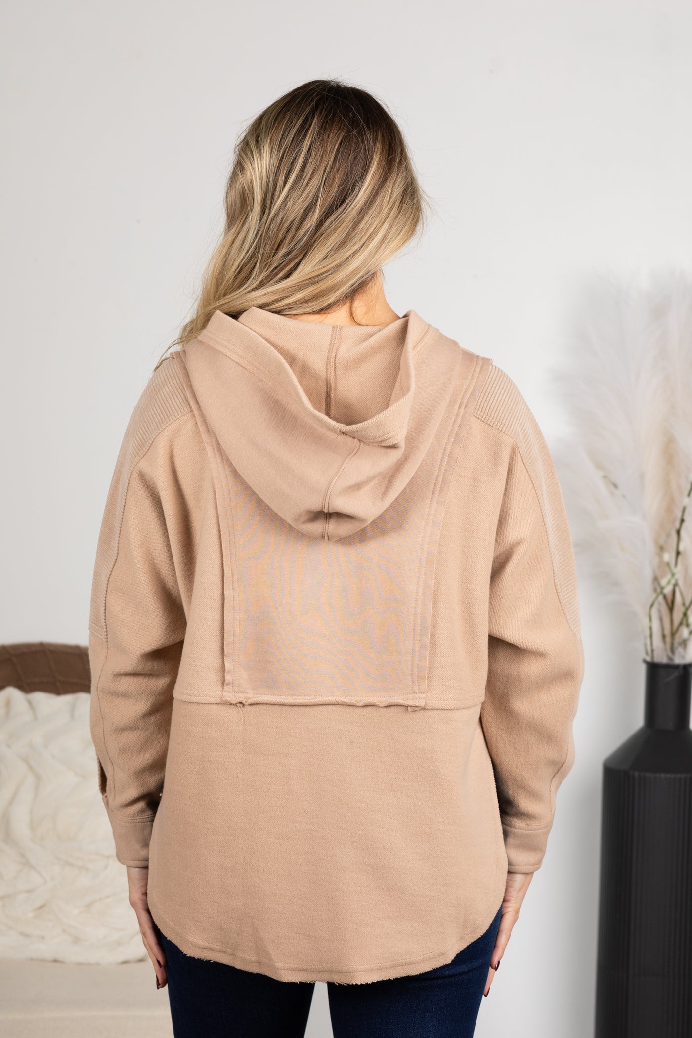 Taupe Patchwork Exposed Seam Hooded Knit Top