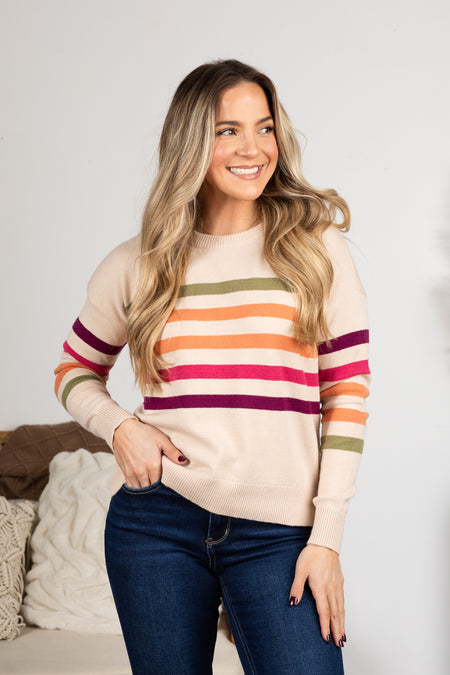 Oatmeal With Berry Stripe Colors Knit Sweater