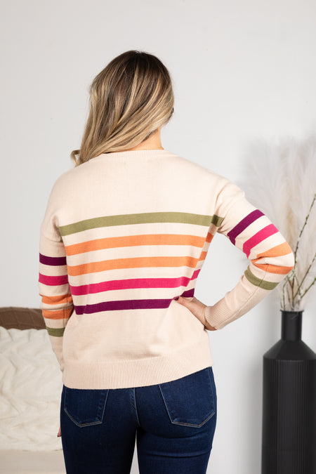 Oatmeal With Berry Stripe Colors Knit Sweater