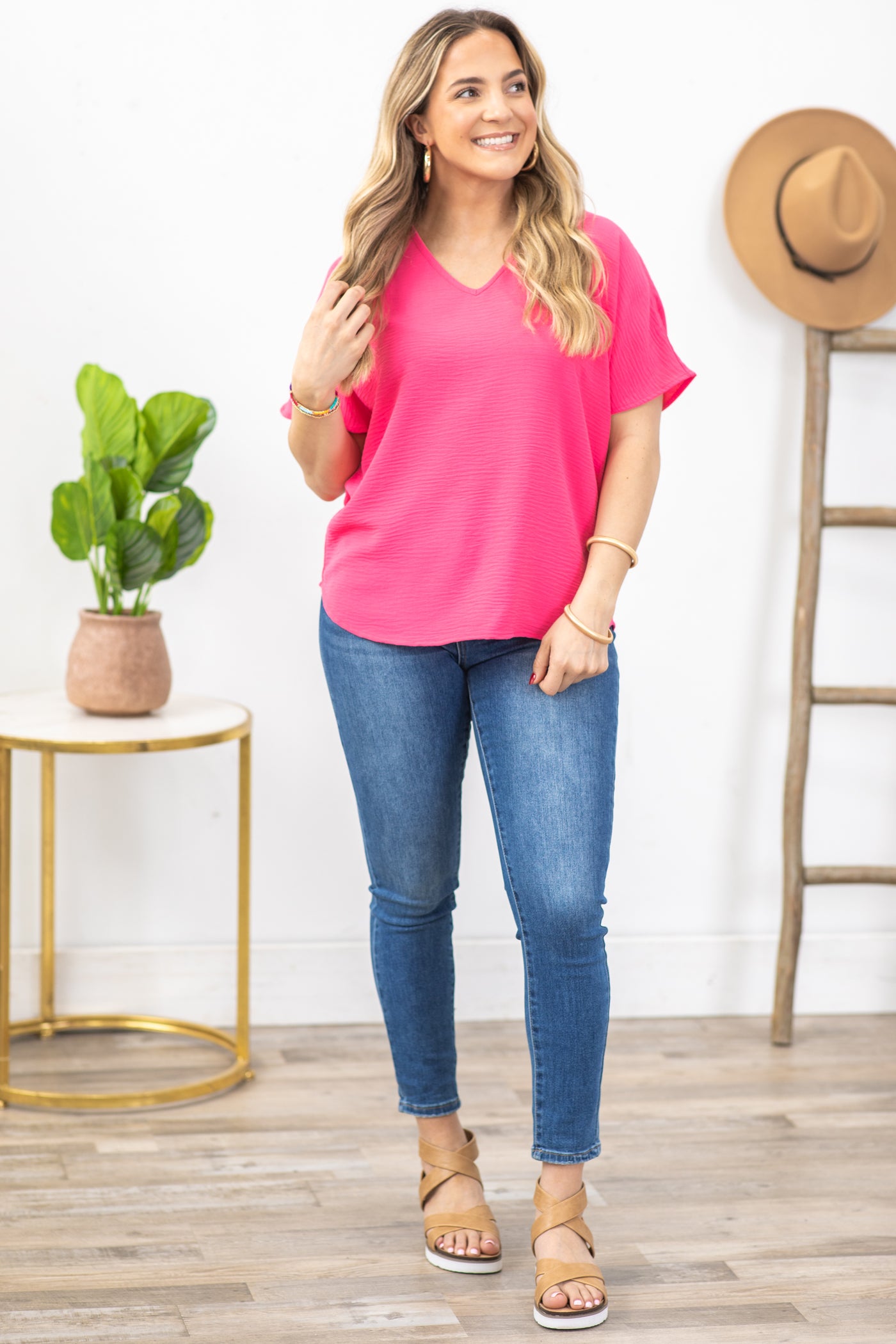 Hot Pink V-Neck Airflow Woven Top