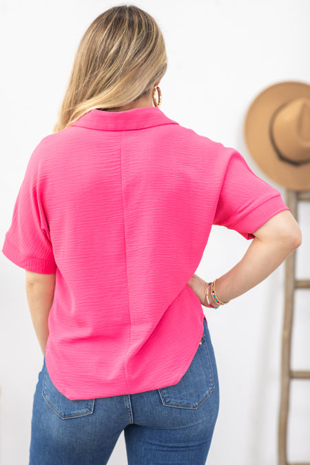 Pink Woven Airflow Collared V-Neck Top